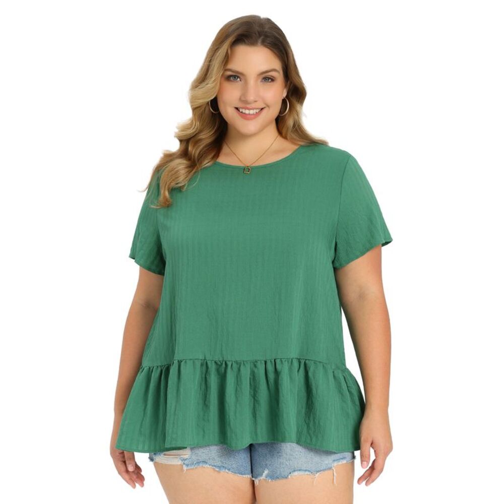 Women Plus Size Crew Neck Short Sleeve Babydoll Tops Green